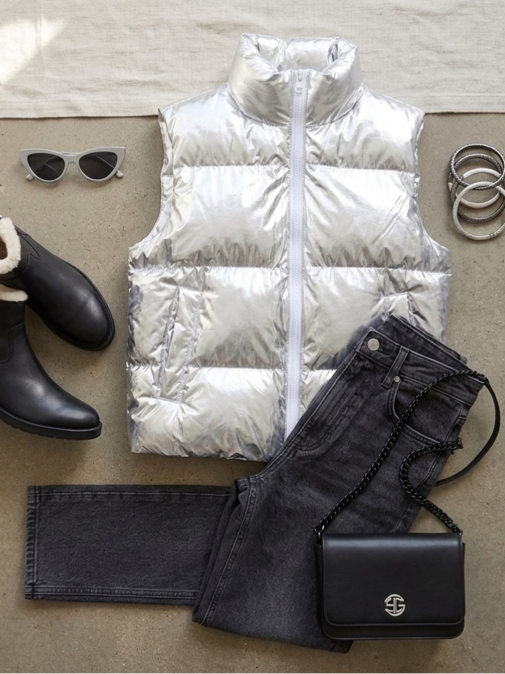 Almost Famous Silver Metallic Puffer Vest L layering  Streetwear Minimalism